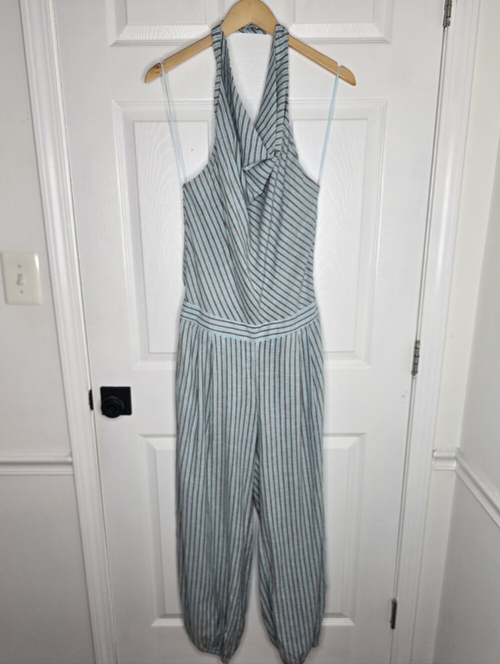 ZARA Gray Pinstripe Draped Cowl Halter Harem Leg Jumpsuit Size M - Picture 3 of 9
